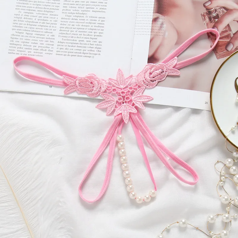 Pink Порно секс нижнее белье женские Эротические трусики танга Вышивка без косточек стринги с жемчугом женские прозрачные трусики - Цвет: Pink