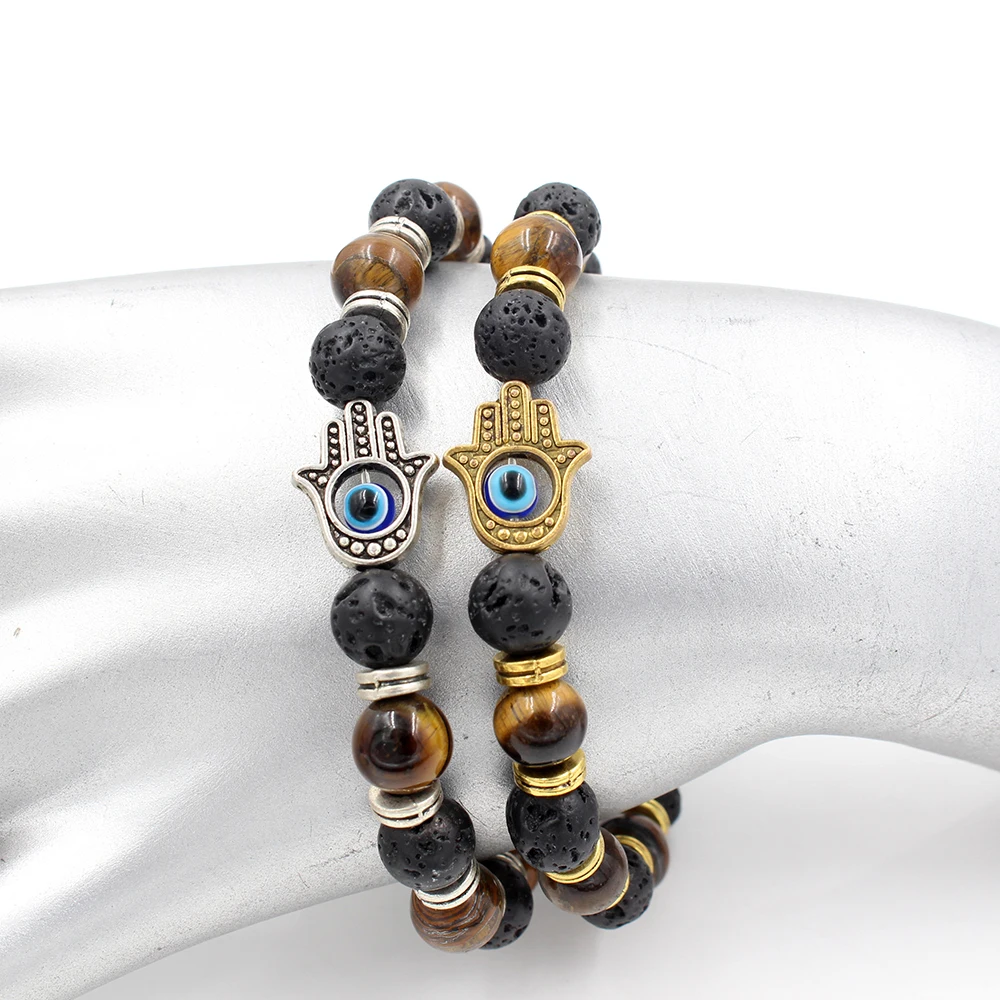 

Natural Tiger Eye Stone Hand of Fatima Hamsa Charm Bracelet Black Lava Stone Evil Eye Prayer Bead Bracelet For Men Women pulsera