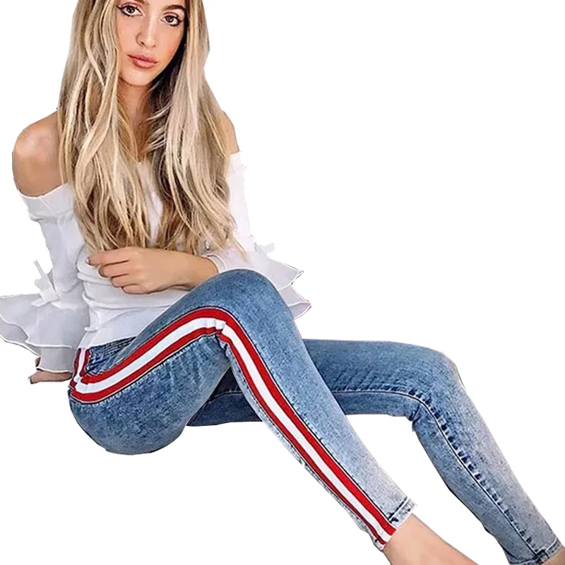 Women High Waist Jeans Ankle-Length Lady Side Striped Patchwork Skinny All Matched Casual Pants Brief Slim Winter |