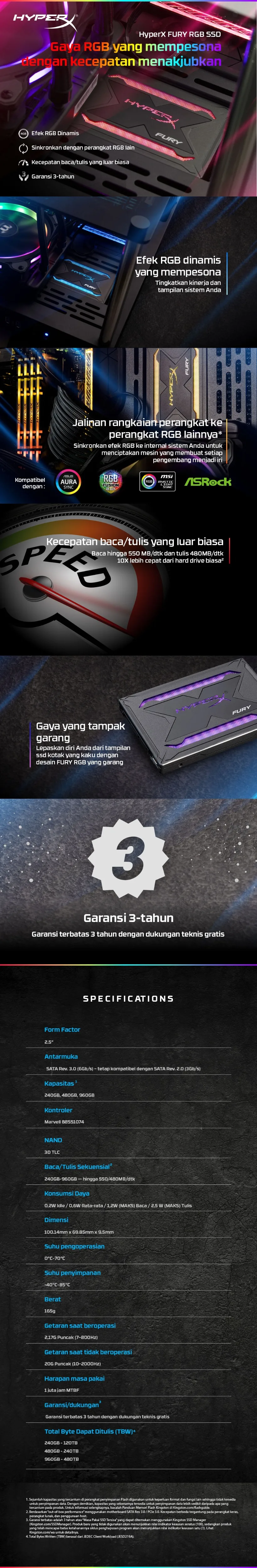 Kingston RGB Внутренний твердотельный накопитель HyperX FURY 2,5 дюйма SATA III 240 ГБ 480 ГБ 960 ГБ HDD жесткий диск Красочный световой эффект