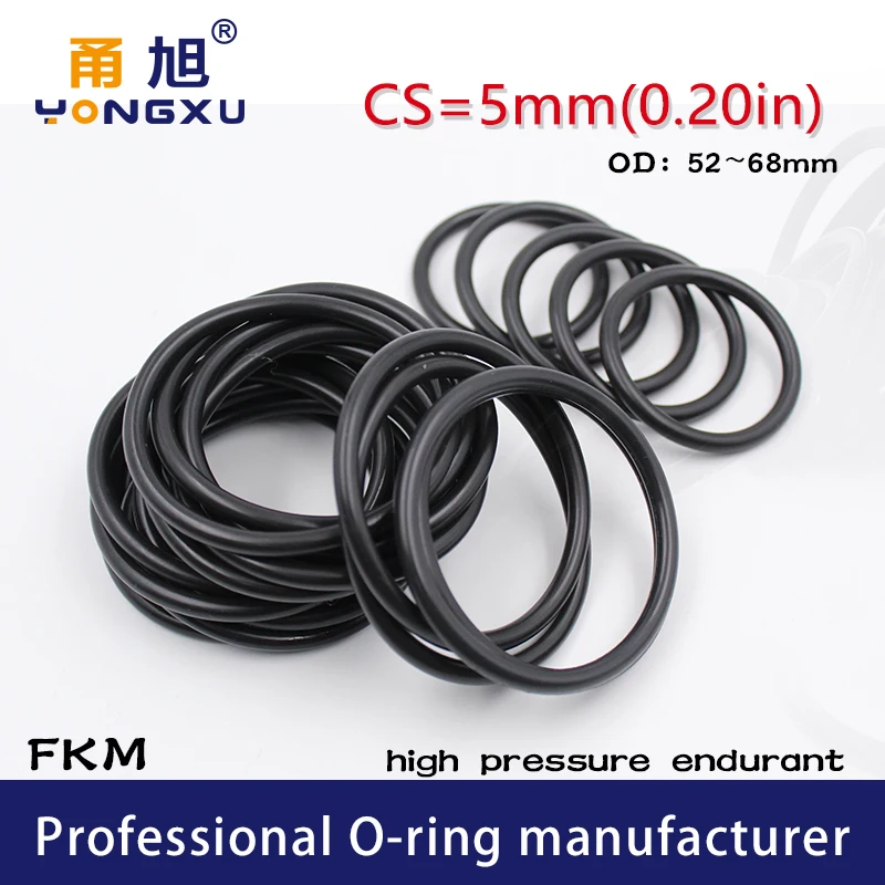 Фторрезиновое кольцо черное уплотнительное FKM CS5mm OD52/55/58/60/62/65/68*5 мм масляное шайба