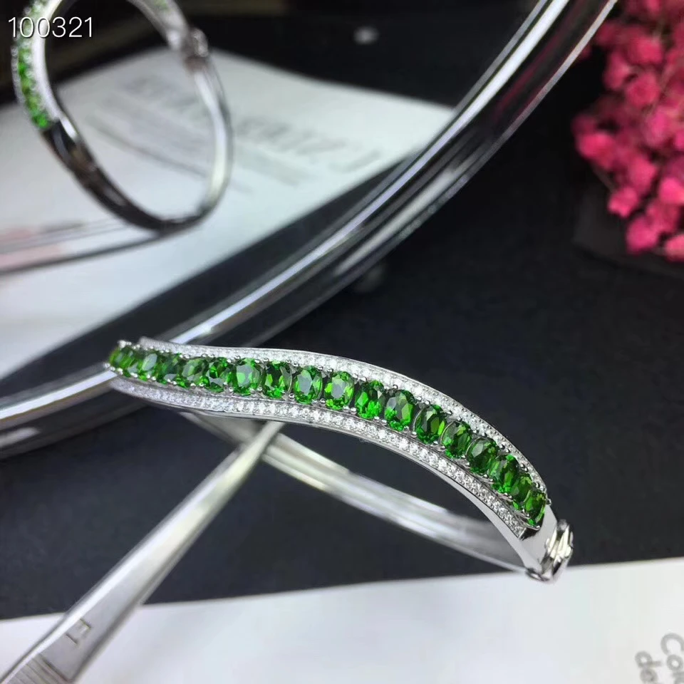 Natural green diopside gem bangle S925 silver natural gemstone Fashion elegance surround Row wave woman birthday gift | Украшения и