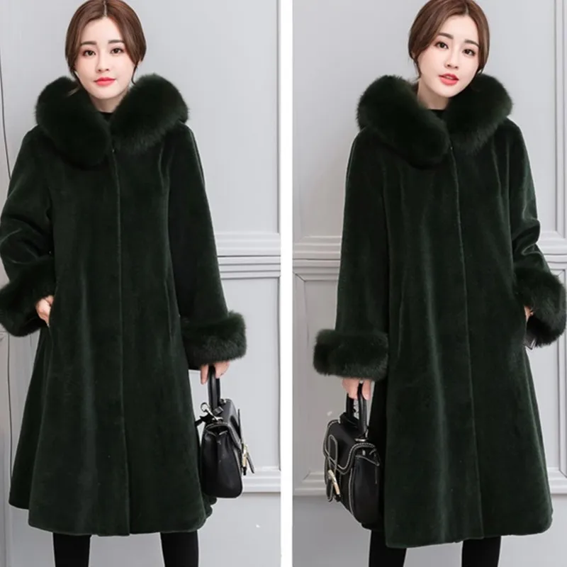

UHYTGF Fashion Oversized Fox fur collar winter Fur coat Women Hooded Sheep shearing Warm long outerwear Elegant female coat 1099