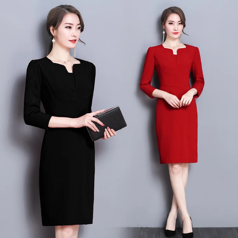 4XL офисное женское платье 2019 Весенние новые женские платья 3/4 рукав v образный