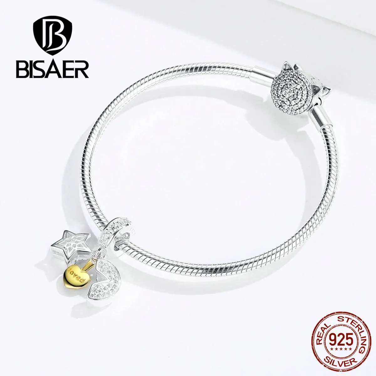 BISAER 925 пробы серебряный кулон любовь в ночь луна и звезда талисманы подходят для женщин браслеты серебро 925 ювелирные изделия EFC098