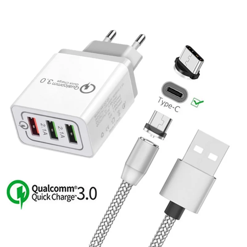 EU charger and cable Магнитный usb-кабель для samsung Galaxy A20E A50 S8 Note 10 9 huawei mate 20 Pro P30 lite type C Магнитная Зарядка QC 3,0 быстрое зарядное устройство - Тип штекера: EU charger and cable