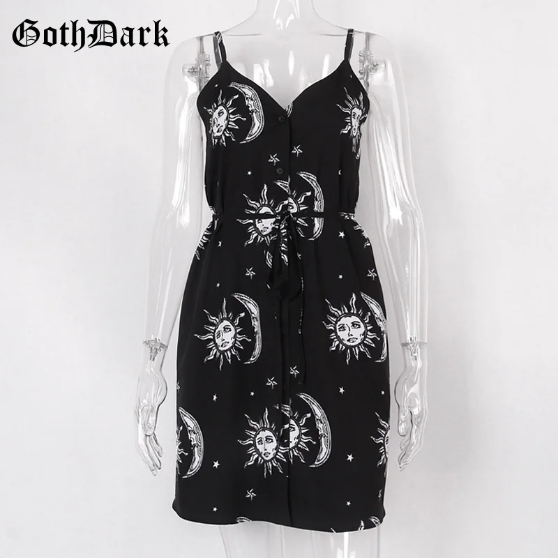 Женское платье на пуговицах Goth Dark, винтажное черное платье с принтом, элегантное повседневное сетчатое платье на бретельках с v-образным вырезом, на лето