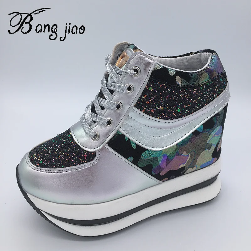 BANGJIAO New Fashion Bling High Heels Lady Casual Shoes Ladies Wedge Platform Sneakers Women 11CM Dwing Dlimming Shoes
