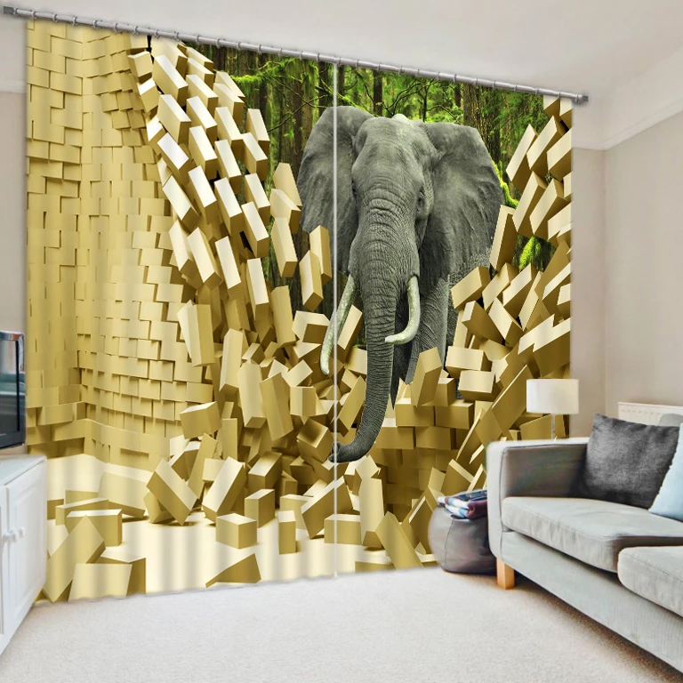 

Photo elephant 3D Curtains for Living Room Window 3D Curtain Printing Blockout Polyester Chinese