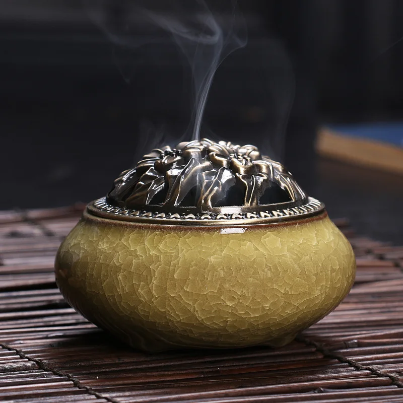 Amber yellow 1 шт керамическая курильница медная крышка ледяная трещина переменная глазурь китайская керамическая красочная - Цвет: Amber yellow