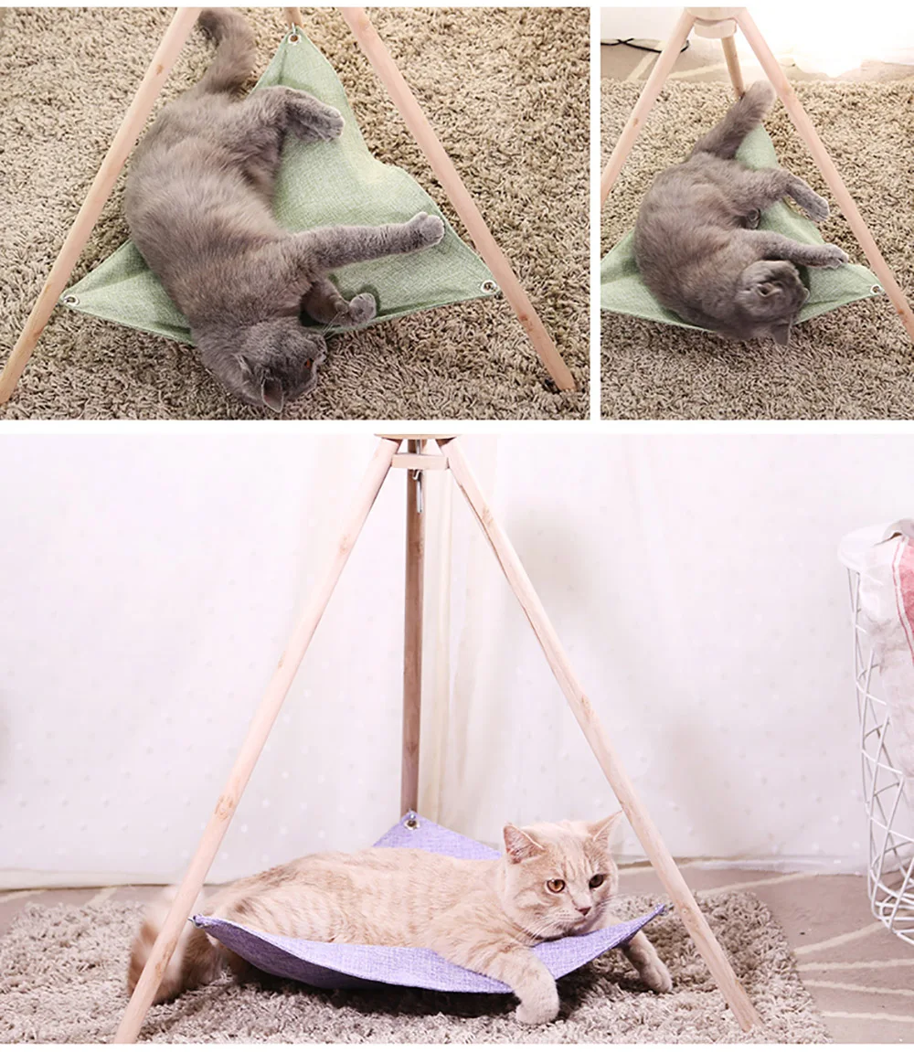 Гамак для загара для кошек, щенков, маленьких собак, ленивый кот, кровать, деревянный штатив с льняным гамаком, домик для домашних животных, домик для домиков, подушка для шезлонга