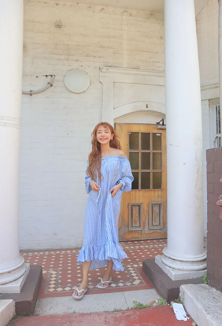 2019 Spring Summer Streetwear Off Shoulder Slash Neck Striped Drawstring Lantern Sleeve Mid-Calf Dress Fashion Women's Clothing | Женская