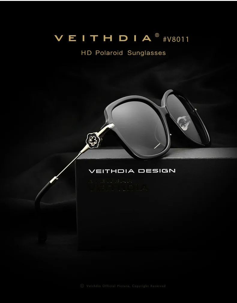 VEITHDIA TR90, женские солнцезащитные очки, поляризационные, зеркальные линзы, Роскошные, для девушек, цветочный дизайн, солнцезащитные очки, очки для женщин, oculos 8011