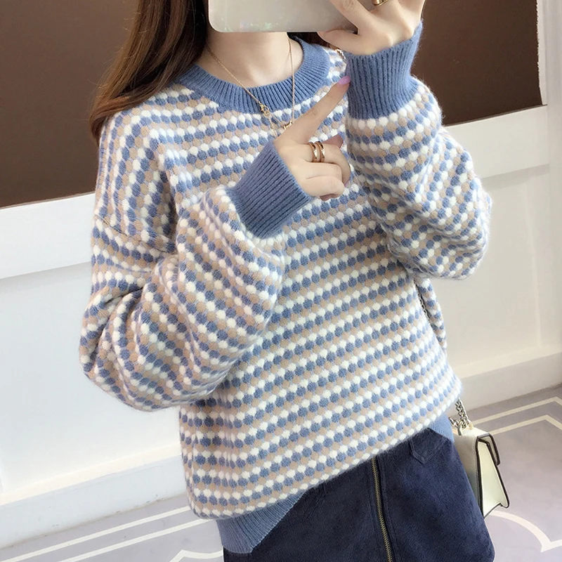 Женский вязаный свитер Ly Varey Lin разноцветный свободный с круглым вырезом и
