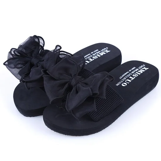 black 3cm Новые летние женские сандали, шлепанцы для Для женщин флип-флоп сандалии на нескользящей подошве с бантом на платформе; домашние Вьетнамки с подошвой из цельного дерева; сандалии Лидер продаж - Цвет: black 3cm