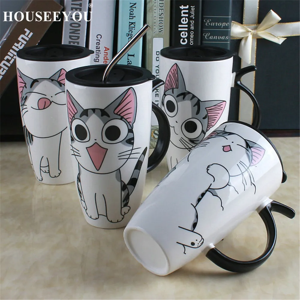Прямая поставка 600 мл креативная керамическая кружка с котом и крышкой ложкой