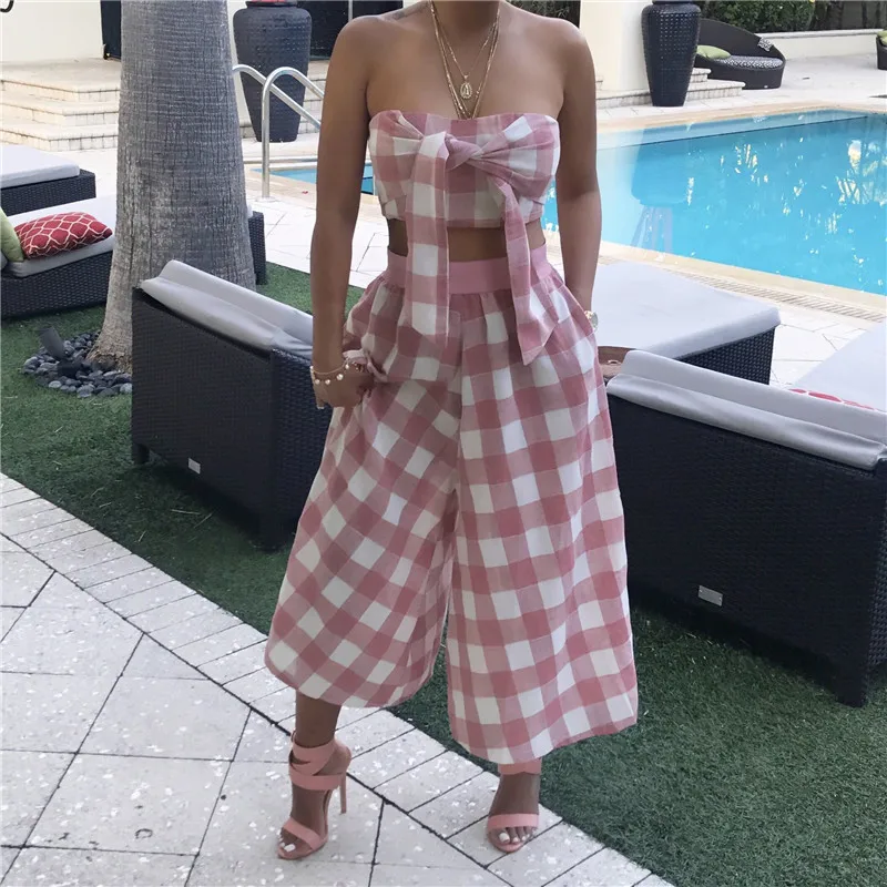 Сексуальный женский комплект из двух предметов 2018 розовый синий в клетку с