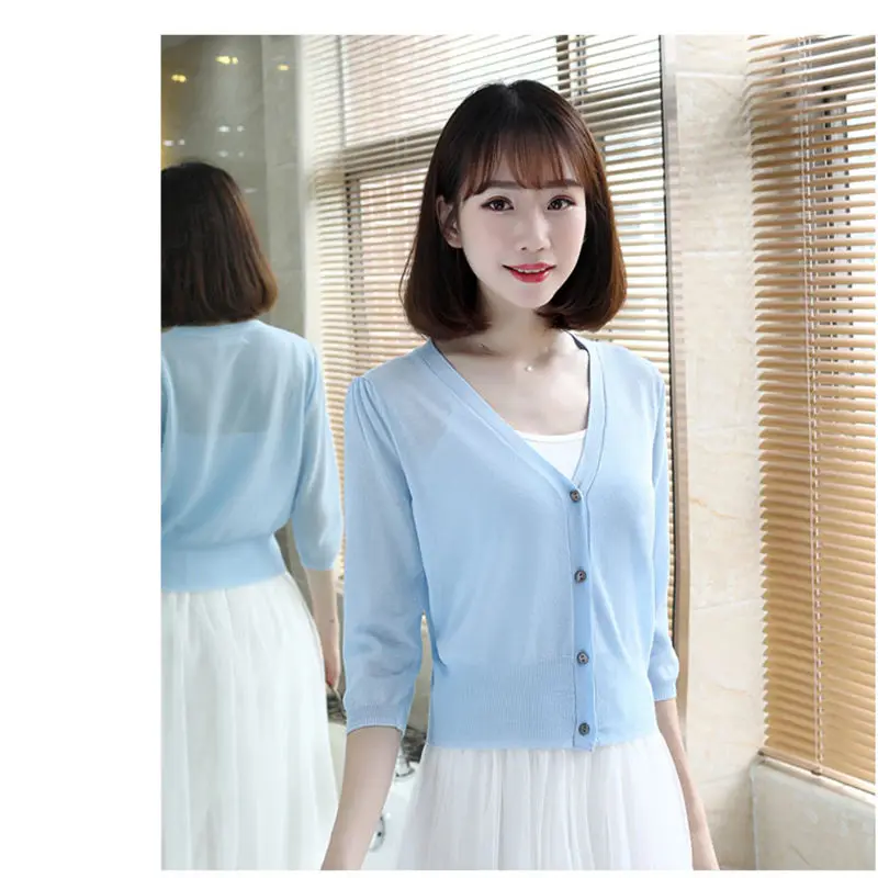 Solid Color Knit Cardigan Women Short Outside Shawl Sunscreen Summer Thin Top V-neck Seven Point Sleeve Shirt Coat f454 |