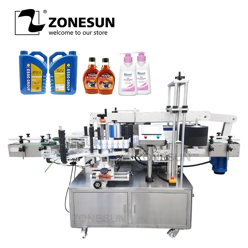 ZONESUN Автоматическая двухсторонняя наклейка неправильная квадратная плоская пластиковая бутылка крем стиральный порошок дезинфицирующее средство маркировочная машина