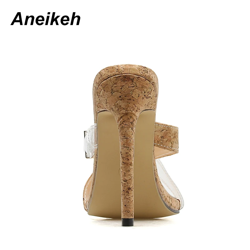 Aneikeh/прозрачные тапочки из ПВХ с перекрестными ремешками, с острым носком, украшенные пряжкой, пикантные шлепанцы на высоком каблуке с деревянным лицевым покрытием, босоножки с открытой пяткой