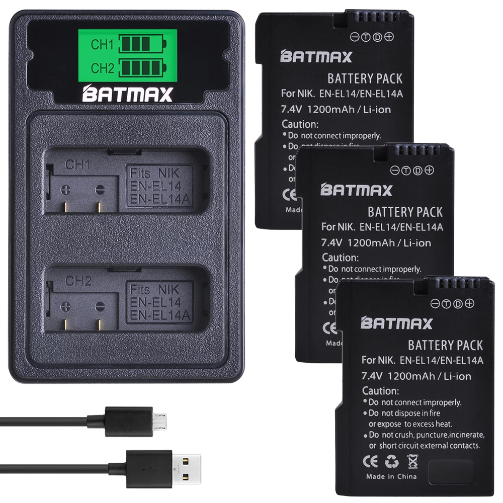 3Pc EN-EL14 EN-EL14a EL14 Battery + LCD USB Dual Charger Type C for Nikon P7800 P7100 D3400 D5500 D5300 D5200 Df. | Электроника