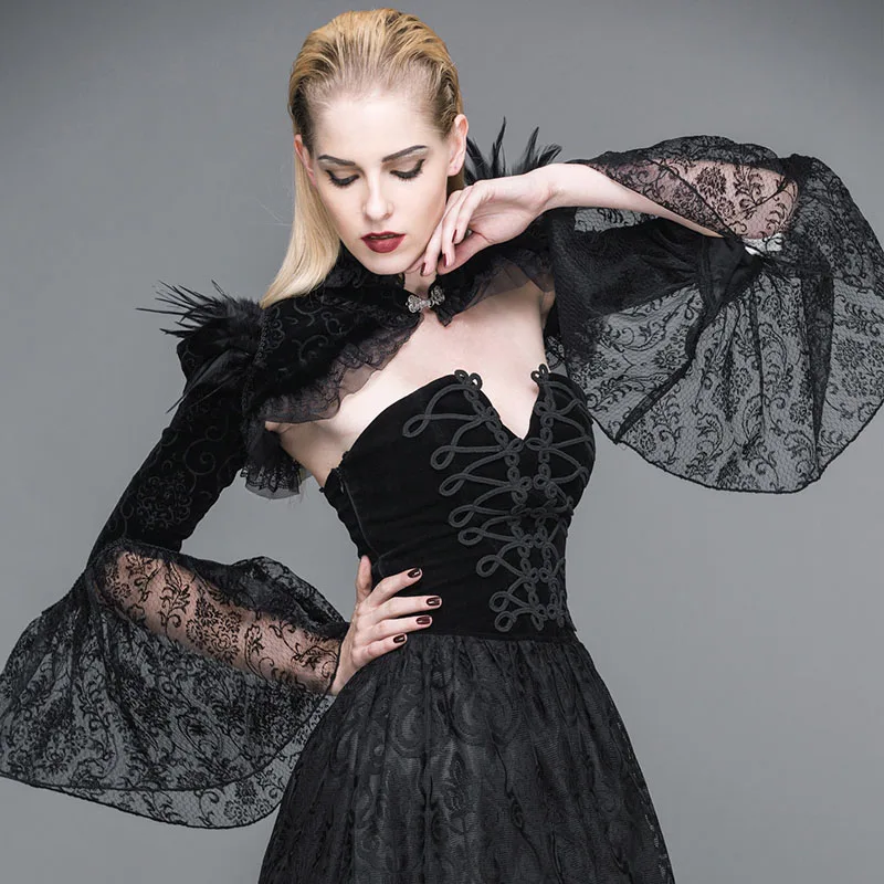 Черные фланелевые и кружевные перья бриллианты воротник-стойка длинный рукав