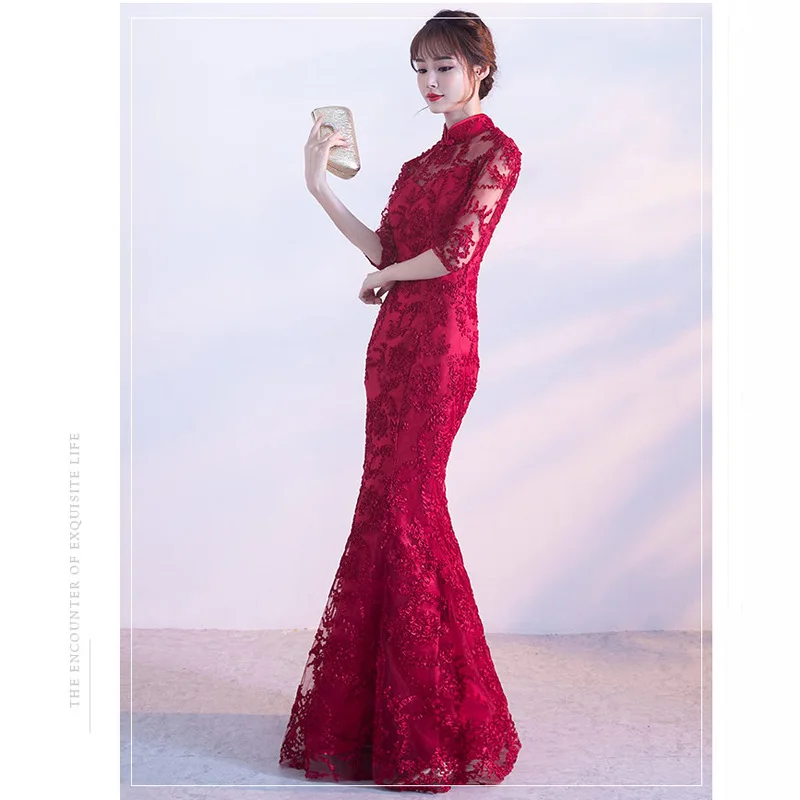 Кружева Cheongsam сексуальное длинное Qipao красное свадебное платье русалки Женские китайские традиционные платья Женская Роба в восточном стиле с кружевным воротником