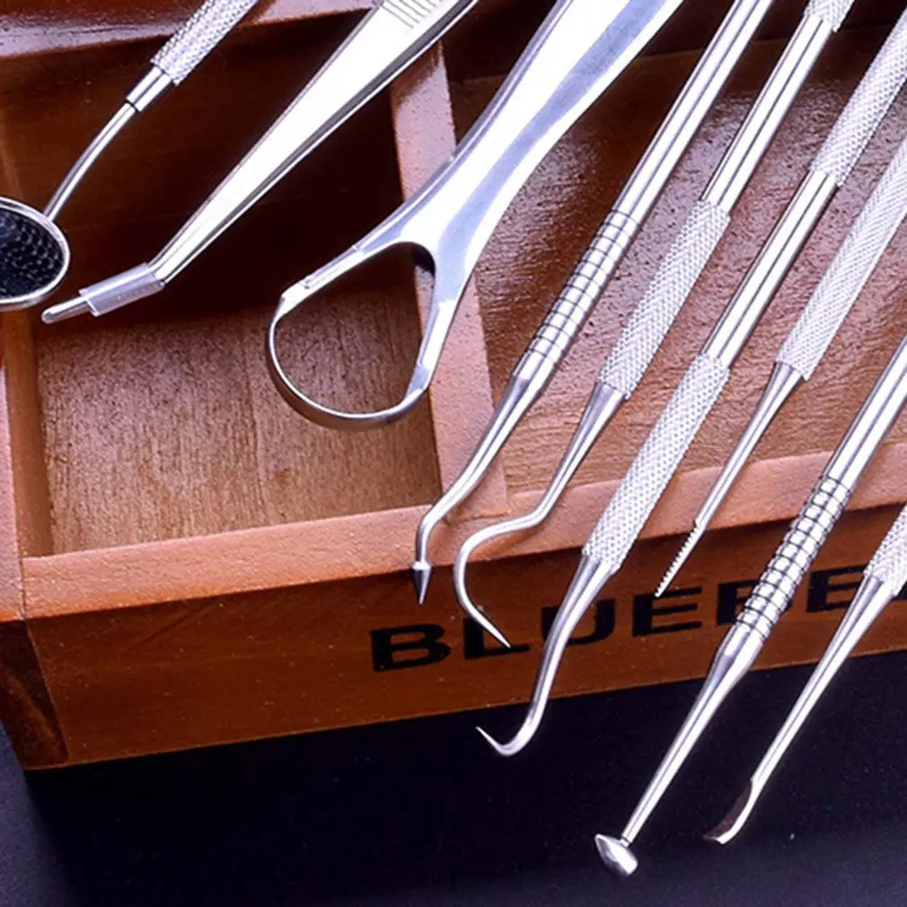 9 pcsdental нержавеющая сталь стоматолог инструменты для зубного камня зеркало зонд для чистки зубов удаление зуба