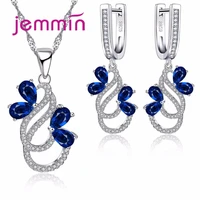 luxury 925 sterling silver necklace earrings set for women female party bule austrian crystal jewelry high quality