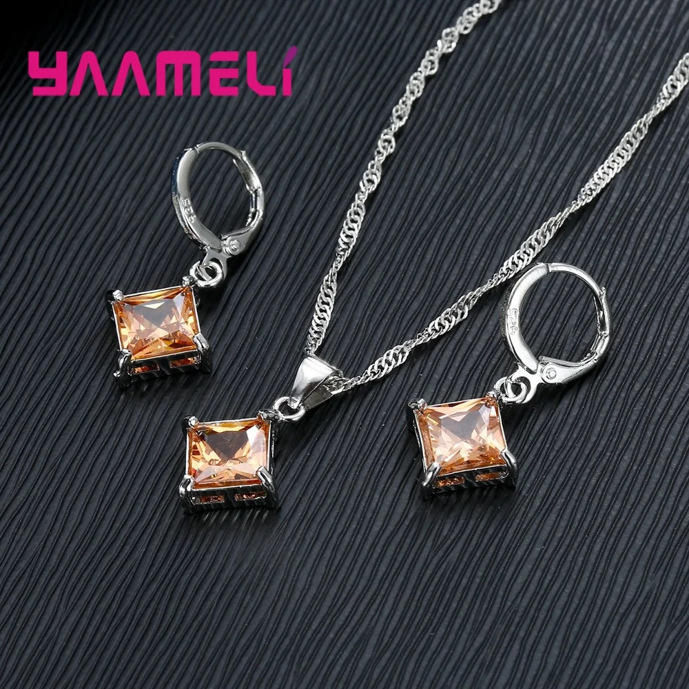Кулон и серьги из серебра 925 пробы с квадратными фианитами|jewlery sets|necklace and