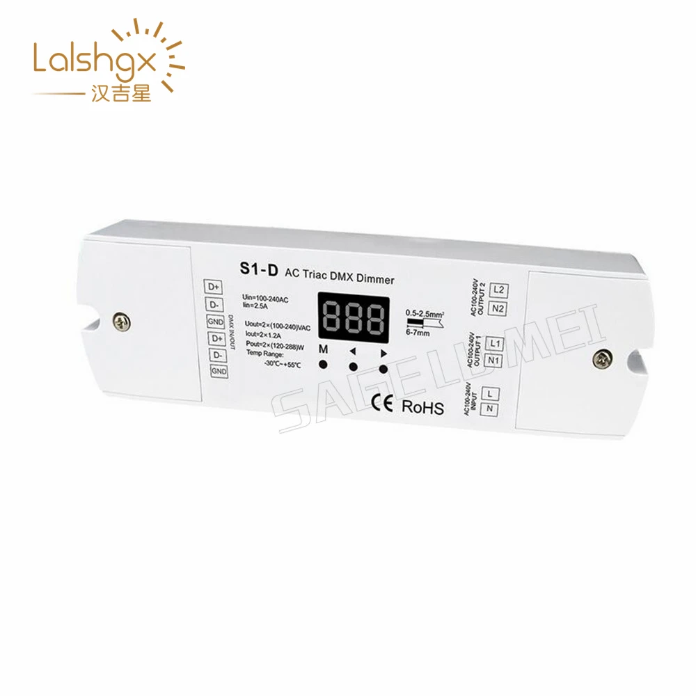 

AC100V - 240V 288W 2-канальный 2-канальный светодиодный диммер DMX Triac, двойной выход, кремниевый контроллер DMX512, цифровой дисплей