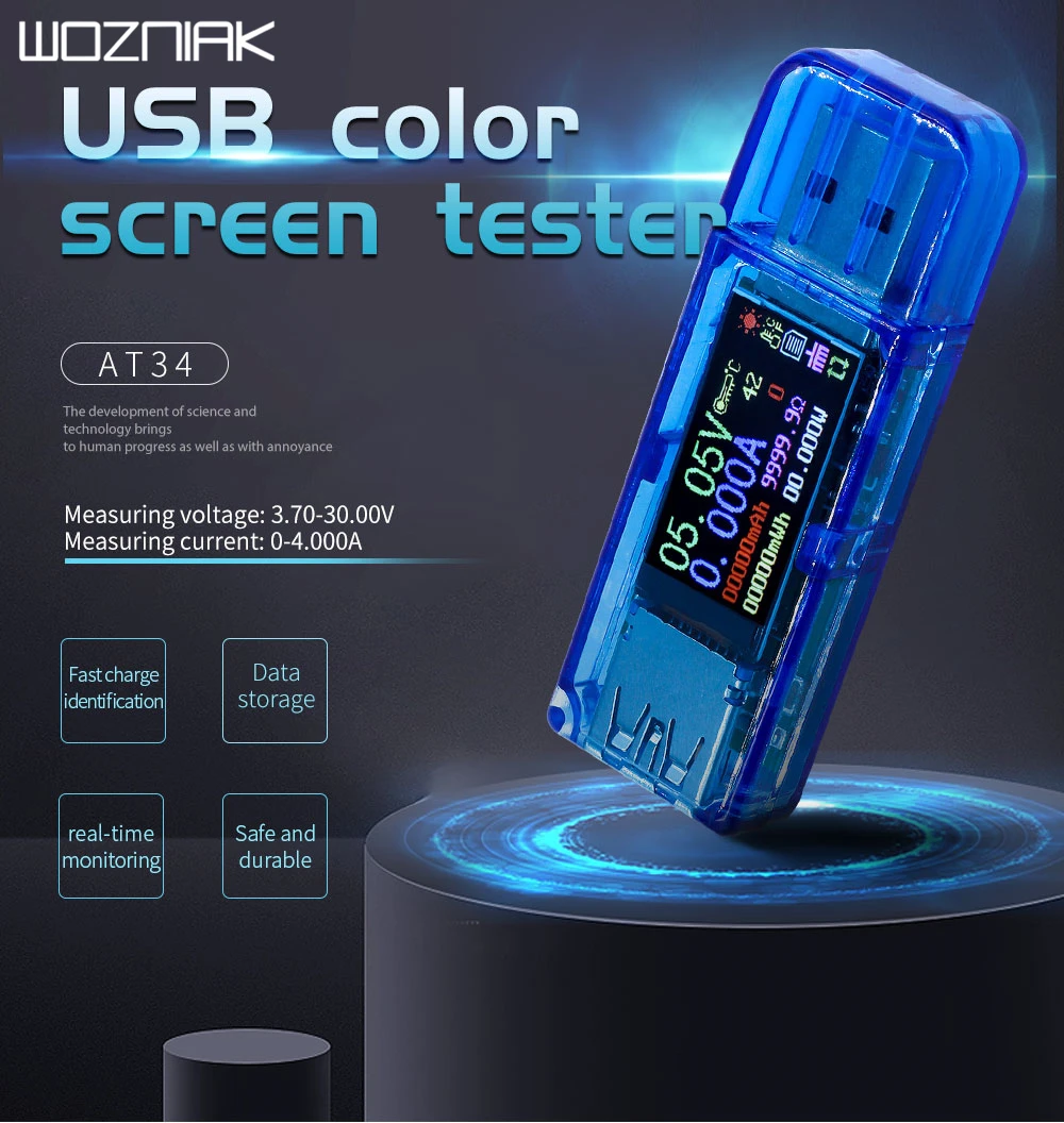 AT34 USB 3,0 цветной ЖК-тестер напряжения тока ЖК-дисплей USB зарядное устройство Тестер измеритель мощности Детектор мобильного аккумулятора