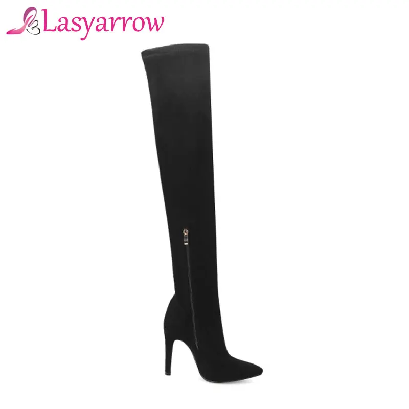Lasyarrow Sexy Тонкий Ботфорты Для женщин черный красный высокие сапоги на шпильках из