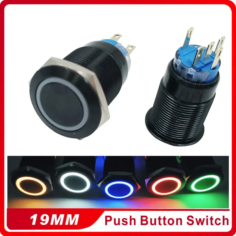 Черный 5 Pin 19 мм 5V 12V 24V 220V светодиодный металлический кнопочный Мгновенный