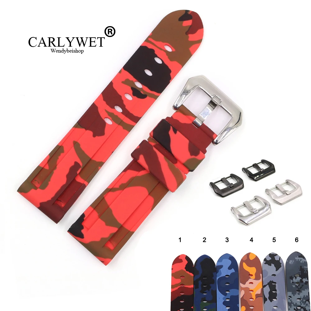 

CARLYWET 22 24mm Camo Red Black Grey Waterproof Silicone Rubber Replacement Watch Band Loops Strap For Panerai Luminor