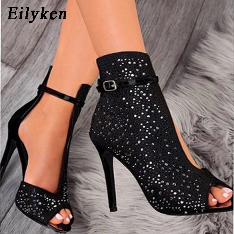 

Eilyken Design Peep Toe Women Crystal Sandals Ankle Straps Buckle Cover Heel Pumps Ladies Party Pole Dancing Shoes