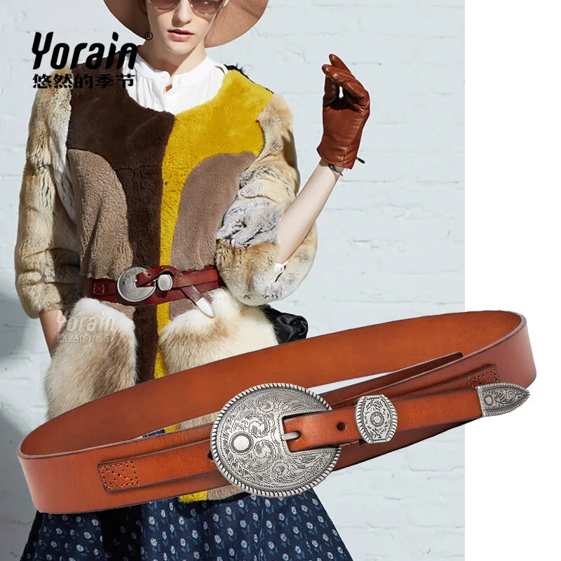 

New Cummerbunds belt Women's Leisure head layer lady leather belt retro carved buckle lady waist