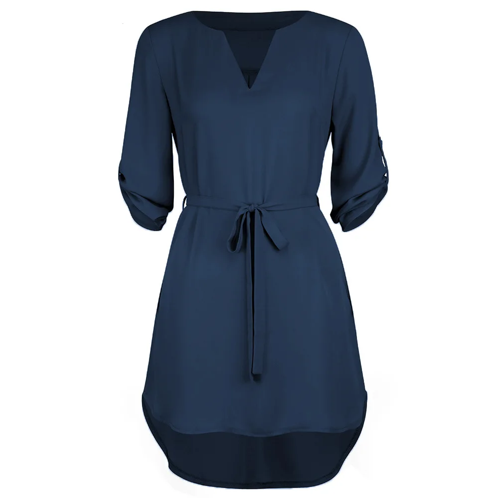 navy dress Шифон Повседневное Сарафан V образный вырез Женщина Платья Карман Свободный Модное Пляж Простой Завязанный Дешевый Платья Милый Повседневный Леди Короткий Рукав Шик Черный Хипстер Особенный Платье Мини - Цвет: navy dress