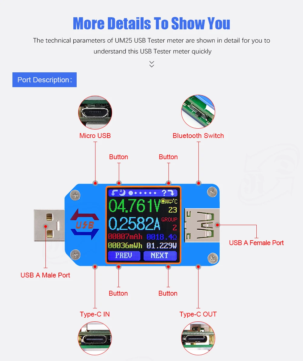 AT34 UM34/UM34C UM24/UM24C UM25/UM25C цветной ЖК-дисплей USB тестер напряжения измеритель тока Вольтметр USB Тестер