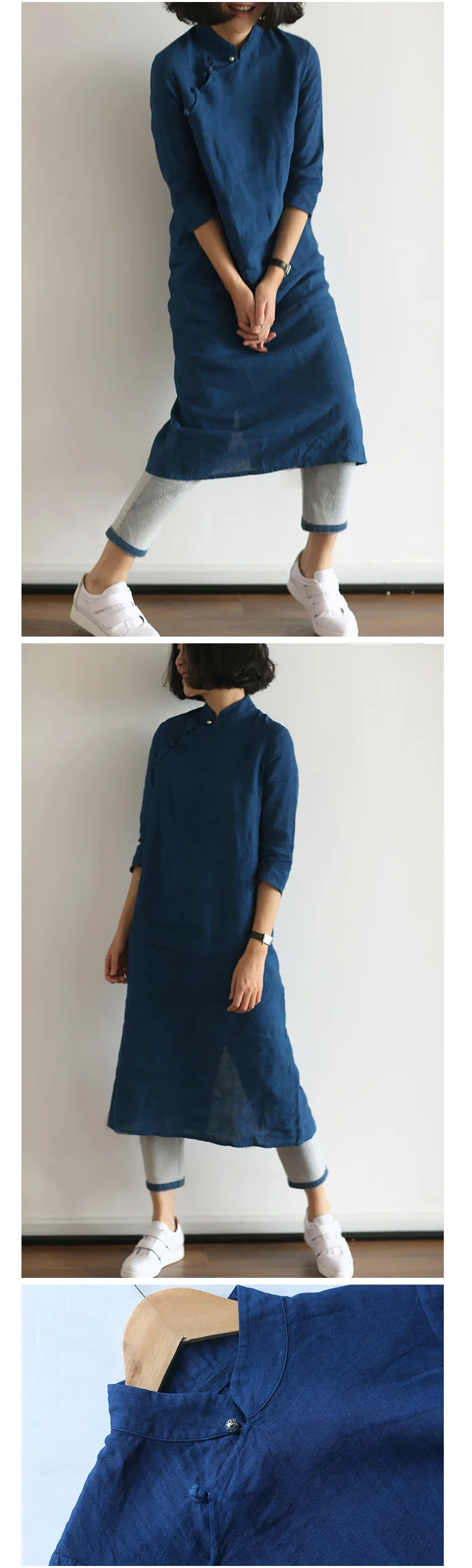 Весеннее новое женское длинное платье с секциями Cheongsam, хлопковое льняное платье с пуговицами, литературное ретро платье с рукавом семь