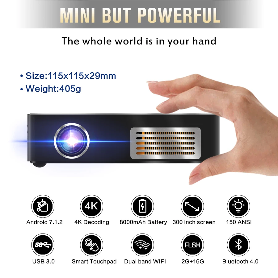 Карманный мини проектор Salange C9 Plus с сенсорной панелью Android 7 1 Wi Fi Bluetooth батарея 8000