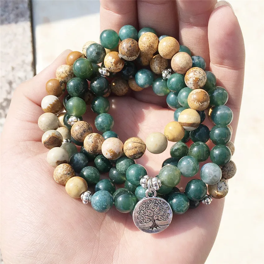 6mm Green Stone Picture Stone Bracelet 108 Beads Life Tree Pendant Diy Chic Monk Cheaply Pray Handmade Healing Lucky Sutra