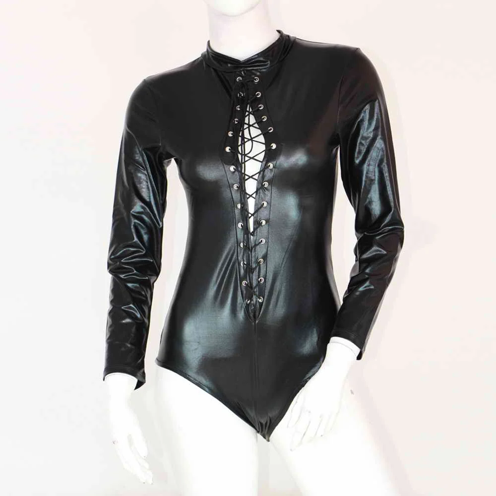Черный боди из искусственной кожи женские облегающие Комбинезоны на шнуровке с