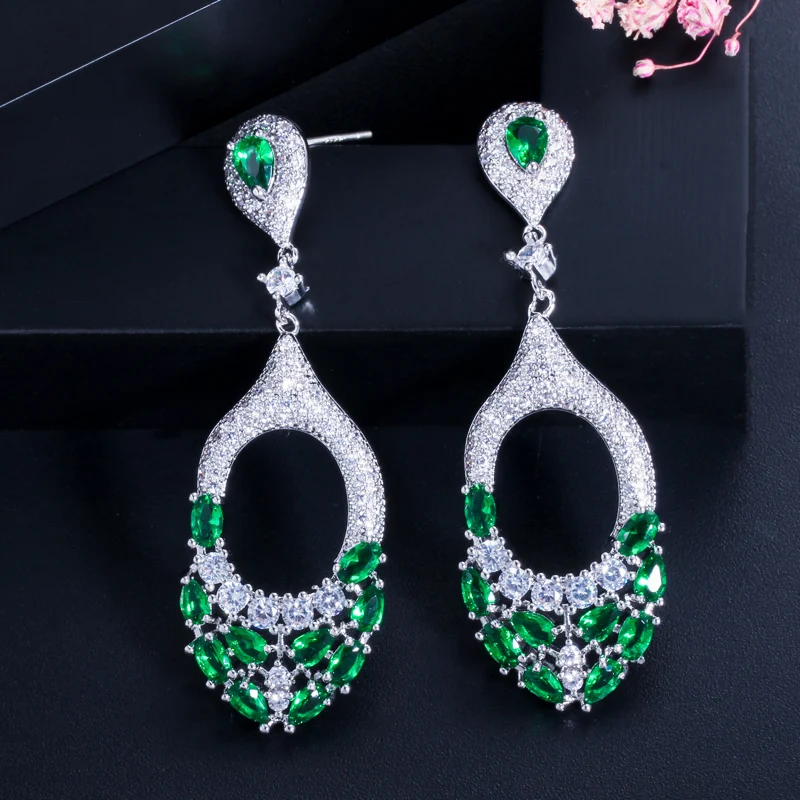 CWWZircons Элегантный Королевский синий зеленый кубический цирконий камень для женщин длинные висячие Висячие обручение Свадебная вечеринка серьги ювелирные изделия CZ441