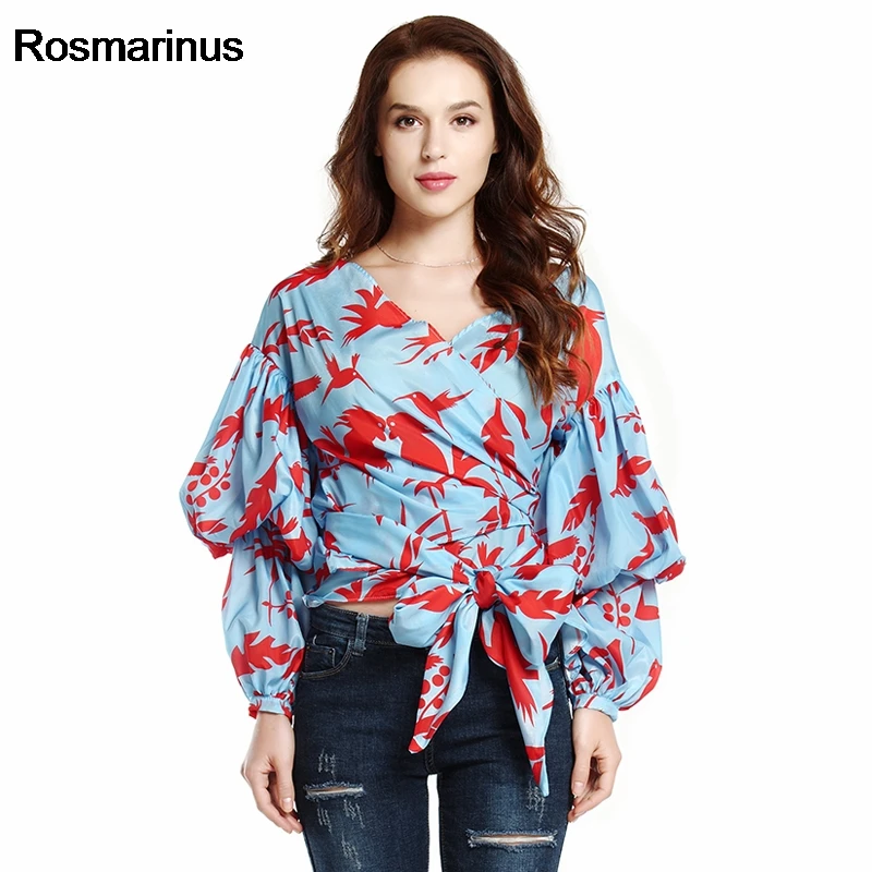 2018 блузка женская s фонарь рукав пояс с бантом Птицы Печать сорочка накидка
