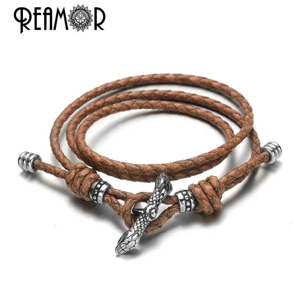 3C004 2 REAMOR, многослойные, ручной работы, плетеные, из натуральной кожи, регулируемые браслеты для мужчин, нержавеющая сталь, дракон, змея, застежка, браслет, подарки - Metal Color: 3C004 2
