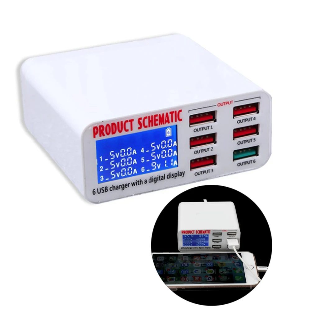 USB зарядка 3,0 6-Порты и разъёмы 6A USB Зарядное устройство Адаптер Hub с несколькими usb-портами концентратор с Зарядное устройство Док-станция с ЖК-дисплей Дисплей автоматическое определение Tech