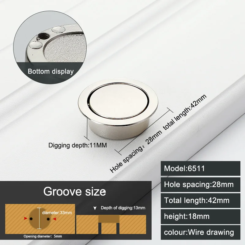 6511-28 Wire drawing Feng YE Tatami Скрытая ручка из сплава утопленные флеш поворотные ручки яркий хром Темный сочетающийся винт для двери мебельная фурнитура - Цвет: 6511-28 Wire drawing