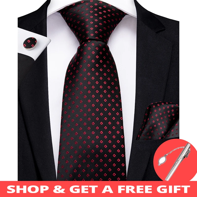 

DiBanGu Luxury Black Red Dot Men's Tie Clip 100% Silk Tie for Men Hanky Cufflinks Necktie Wedding Party Business Tie Set MJ-7171