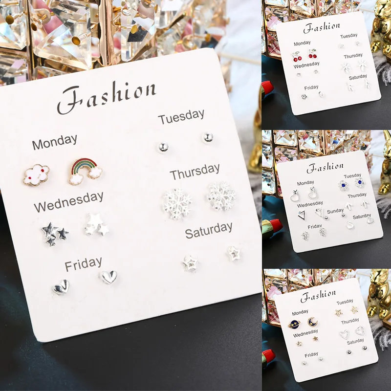 

6 Pairs/set Fashion Stars Heart Cloud Design Earrings Crytal Cute trendy stud earrings women Fashion Jewelry Monday To Saturday